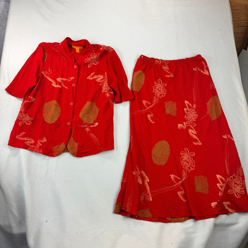 Harari Vintage 100% Silk 2pc Set Red Gold Floral Oriental Print Top L Skirt S